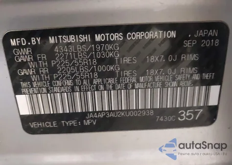 2019 Mitsubishi Outlander Sport 2.0 Es/2.0 Le/2.0 Sp из США, поврежденный, VIN JA4AP3AU2KU002938